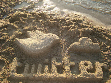 砂浜に描かれたツイッターのイメージ